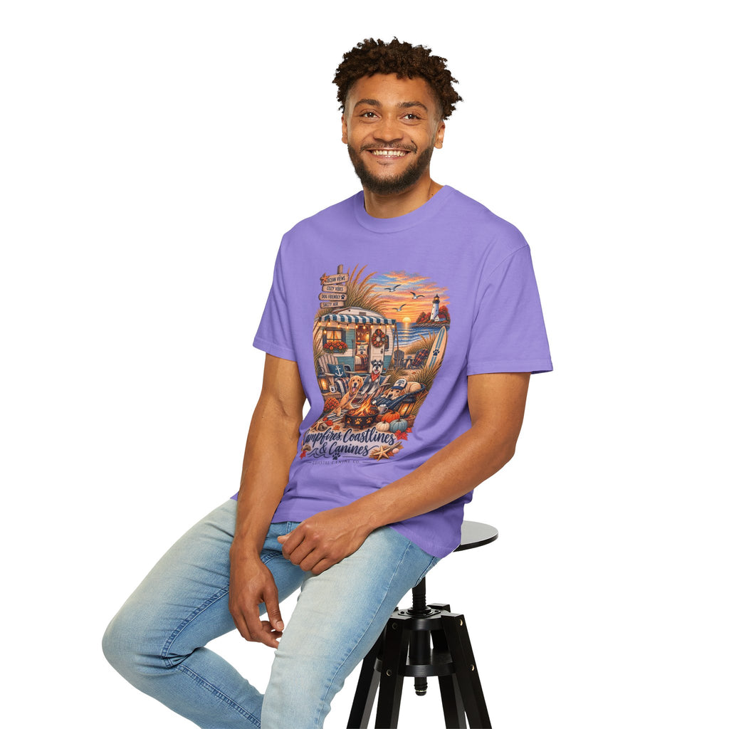 Campfires, Coastlines & Canines T-Shirt — Retro Camper Dog Camping Graphic Tee