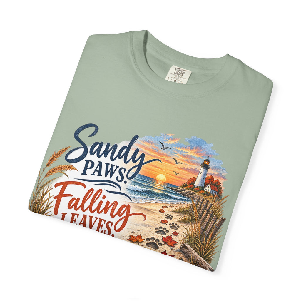 Sandy Paws Falling Leaves Beach T-Shirt — Autumn Coastal Dog Lover Tee