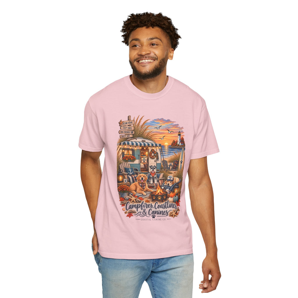 Campfires, Coastlines & Canines T-Shirt — Retro Camper Dog Camping Graphic Tee