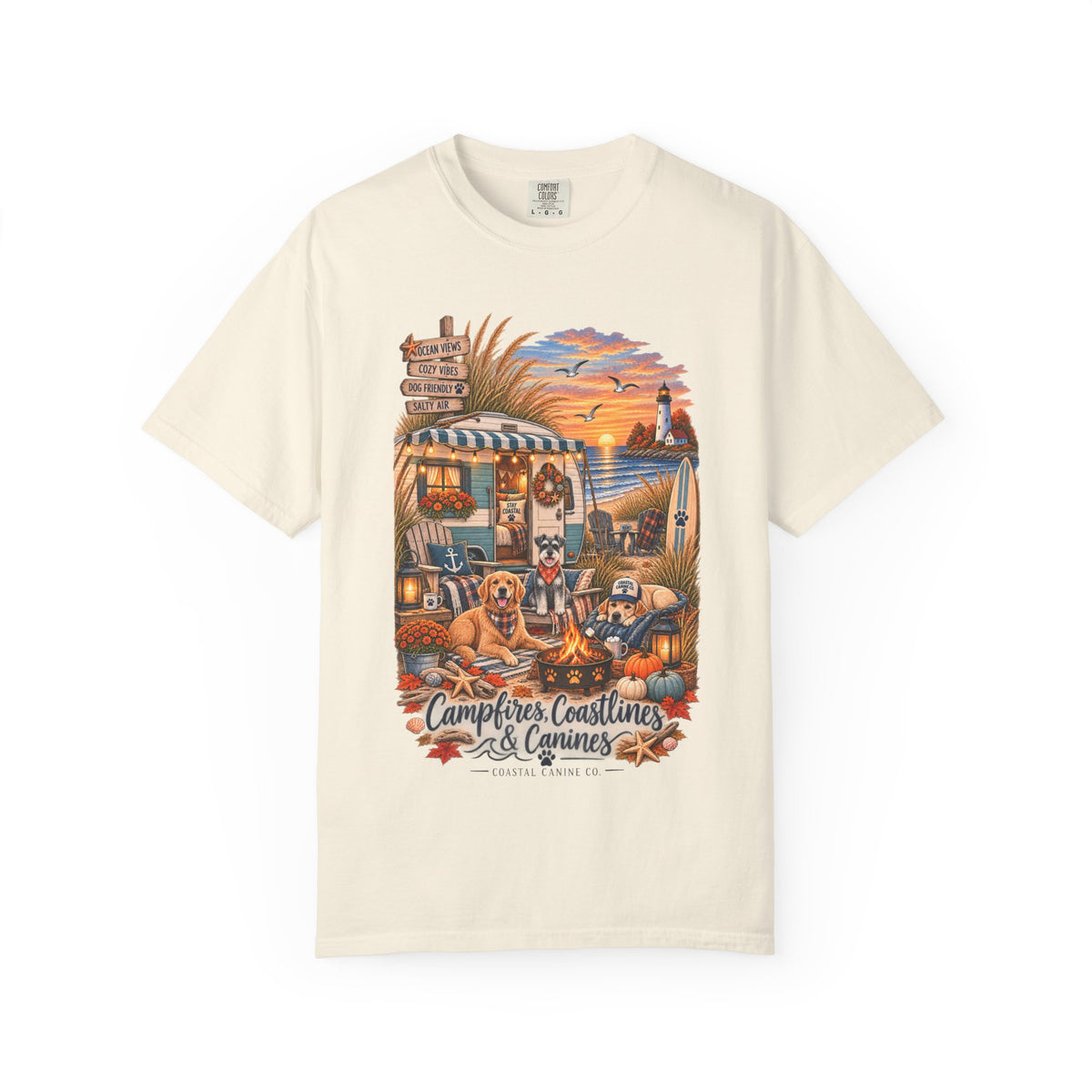 Campfires, Coastlines & Canines T-Shirt — Retro Camper Dog Camping Graphic Tee