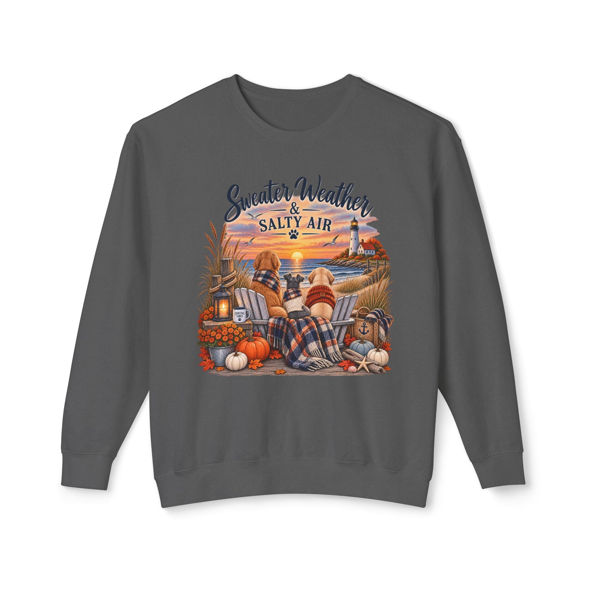 Sweater Weather & Salty Air Crewneck Sweatshirt — Coastal Fall Sunset Design
