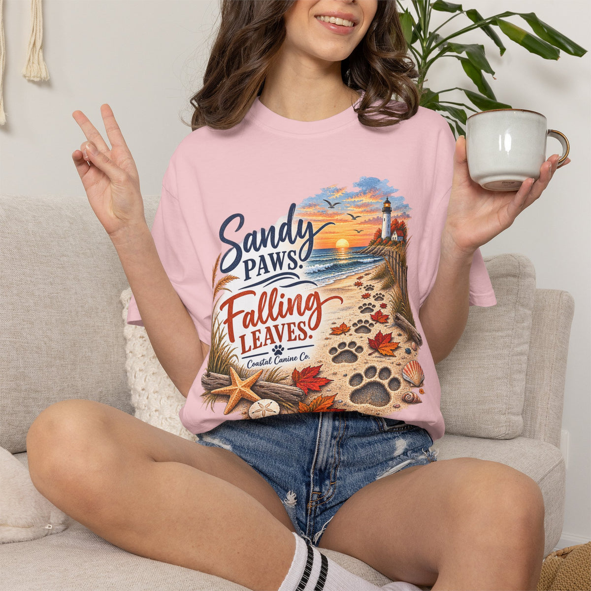 Sandy Paws Falling Leaves Beach T-Shirt — Autumn Coastal Dog Lover Tee