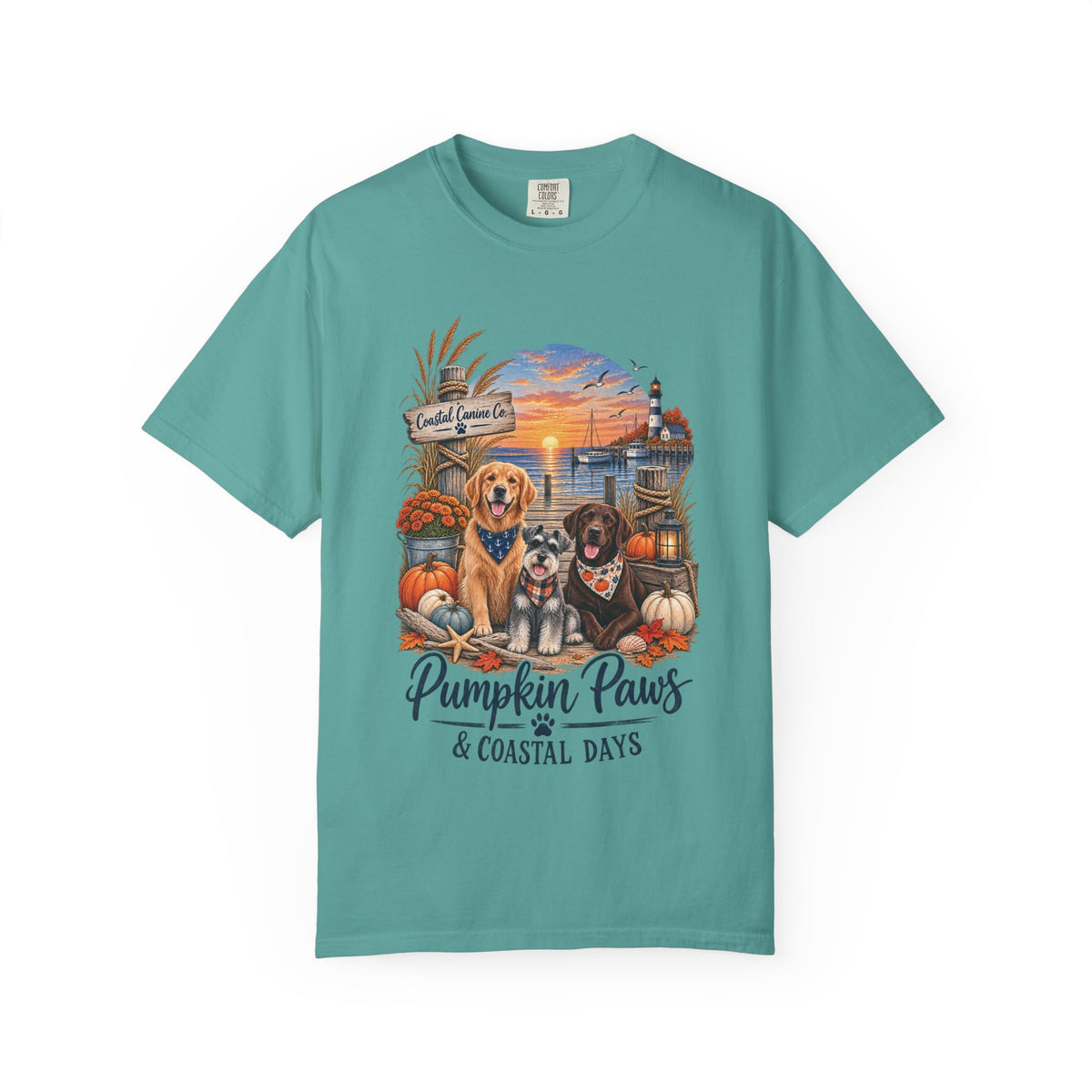 Pumpkin Paws & Coastal Days T-Shirt — Autumn Dogs by the Harbor