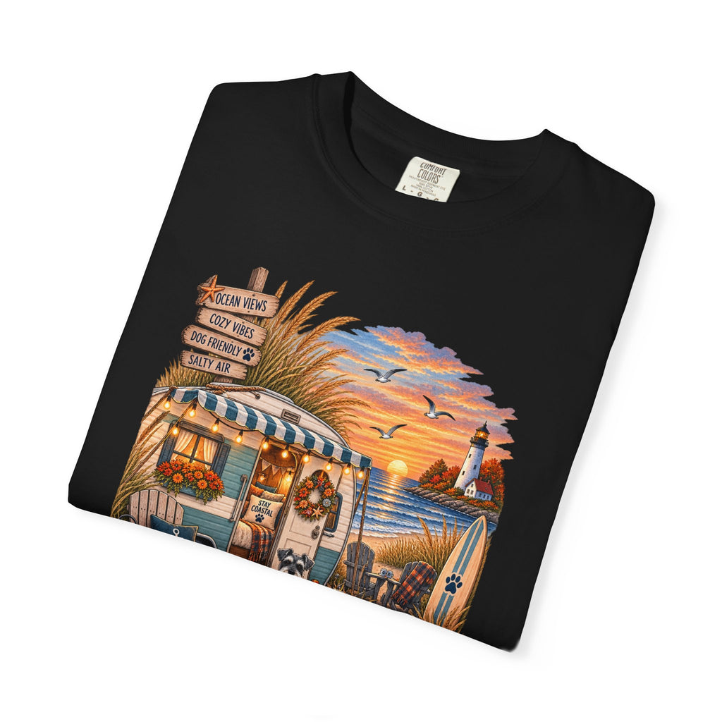 Campfires, Coastlines & Canines T-Shirt — Retro Camper Dog Camping Graphic Tee