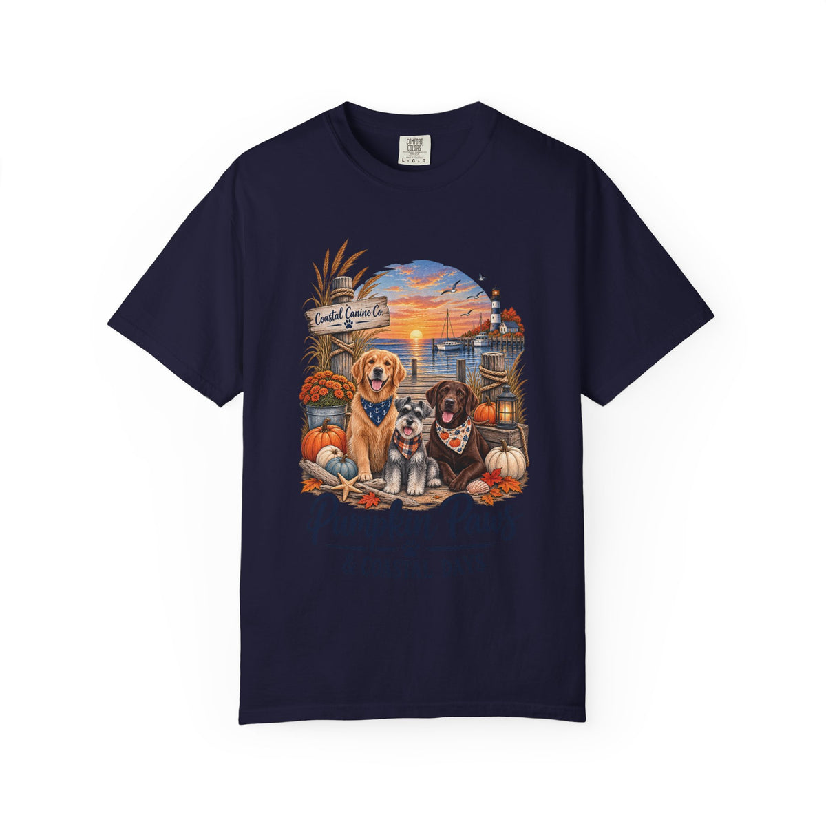 Pumpkin Paws & Coastal Days T-Shirt — Autumn Dogs by the Harbor