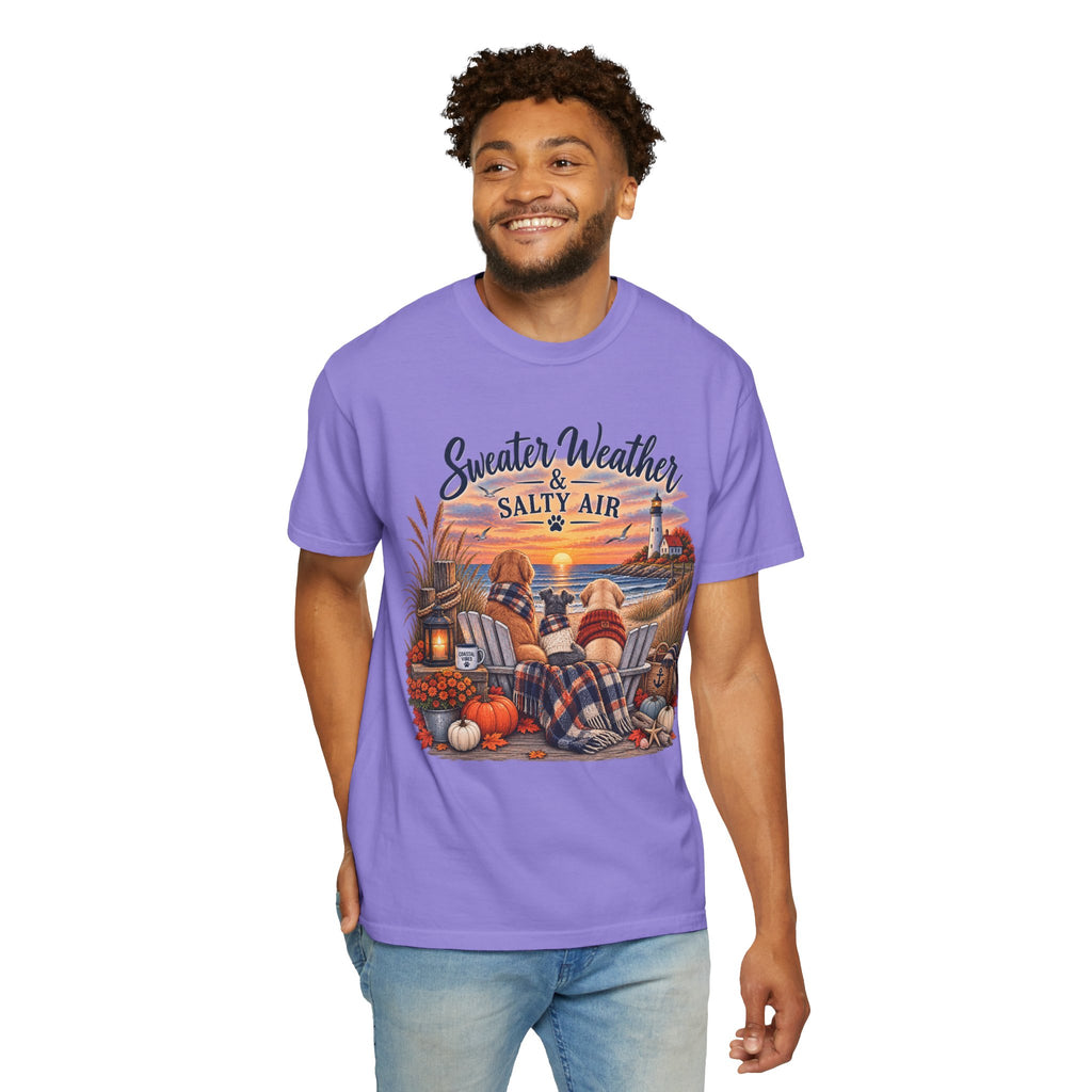 Sweater Weather & Salty Air T-Shirt — Autumn Beach Sunset Graphic Tee