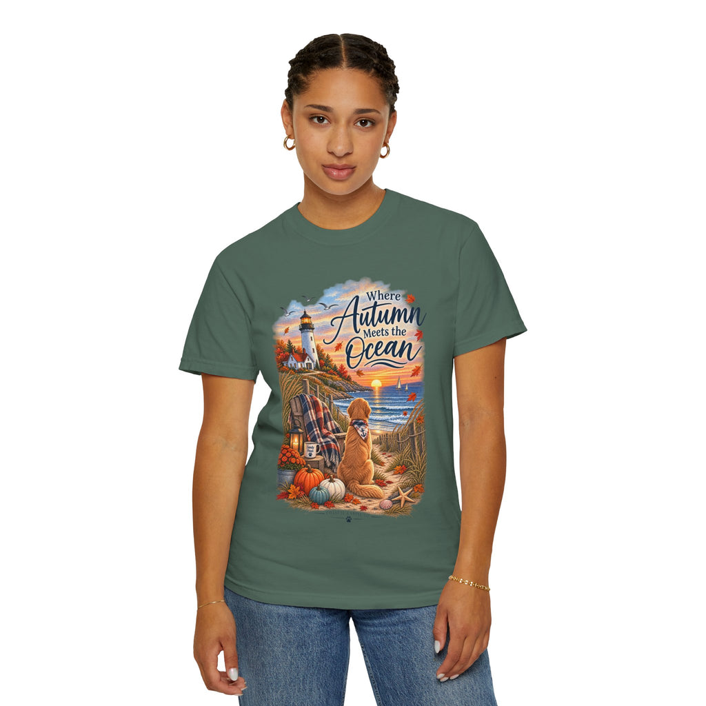 Autumn Meets the Ocean T-Shirt — Cozy Coastal Fall Tee with Golden Retriever