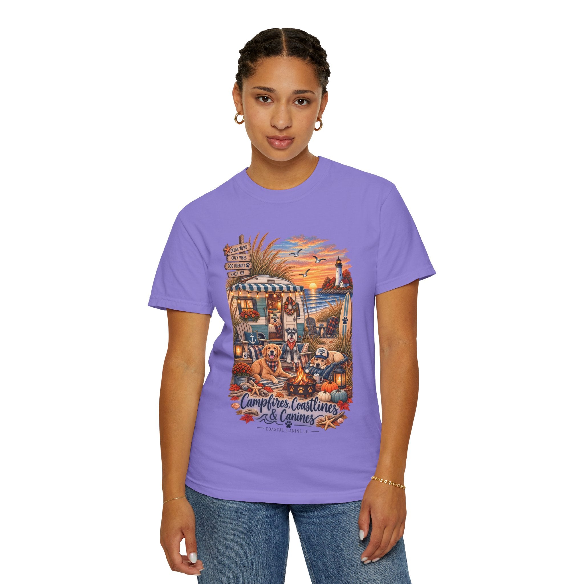 Campfires, Coastlines & Canines T-Shirt — Retro Camper Dog Camping Graphic Tee