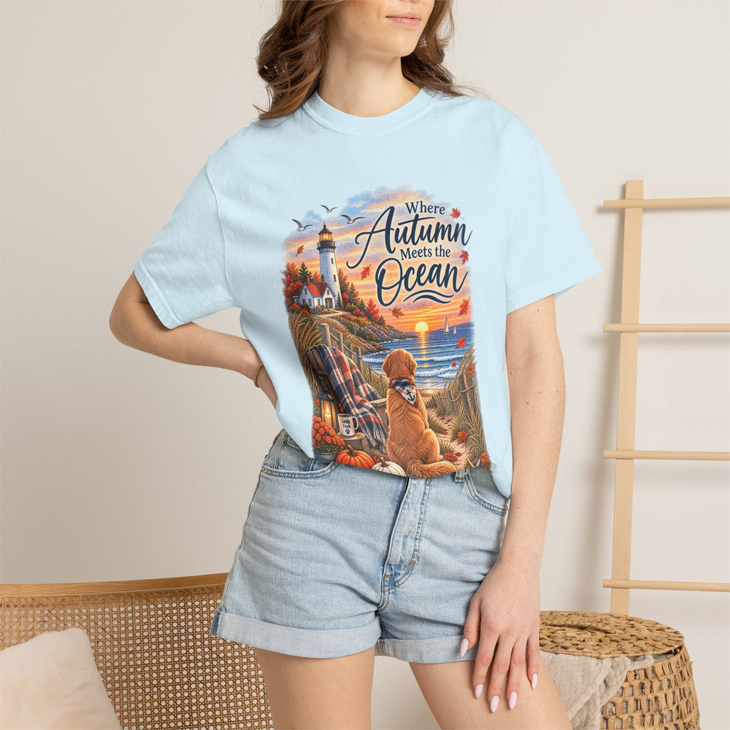 Autumn Meets the Ocean T-Shirt — Cozy Coastal Fall Tee with Golden Retriever