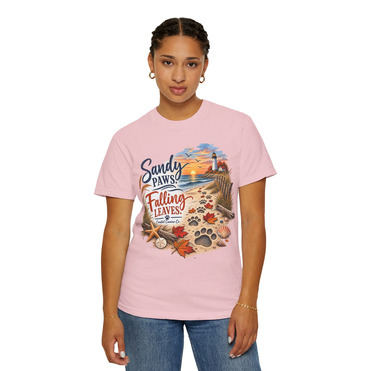 Sandy Paws Falling Leaves Beach T-Shirt — Autumn Coastal Dog Lover Tee