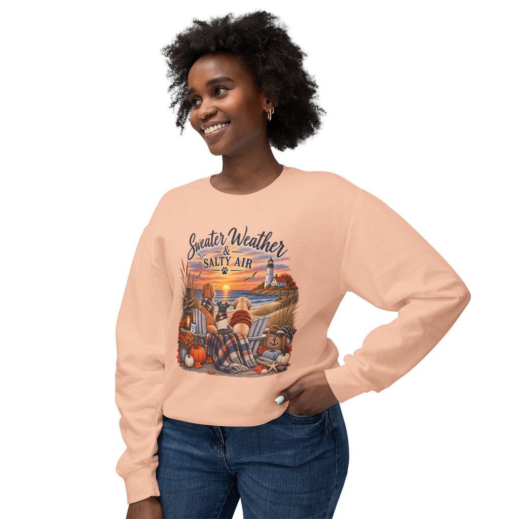Sweater Weather & Salty Air Crewneck Sweatshirt — Coastal Fall Sunset Design