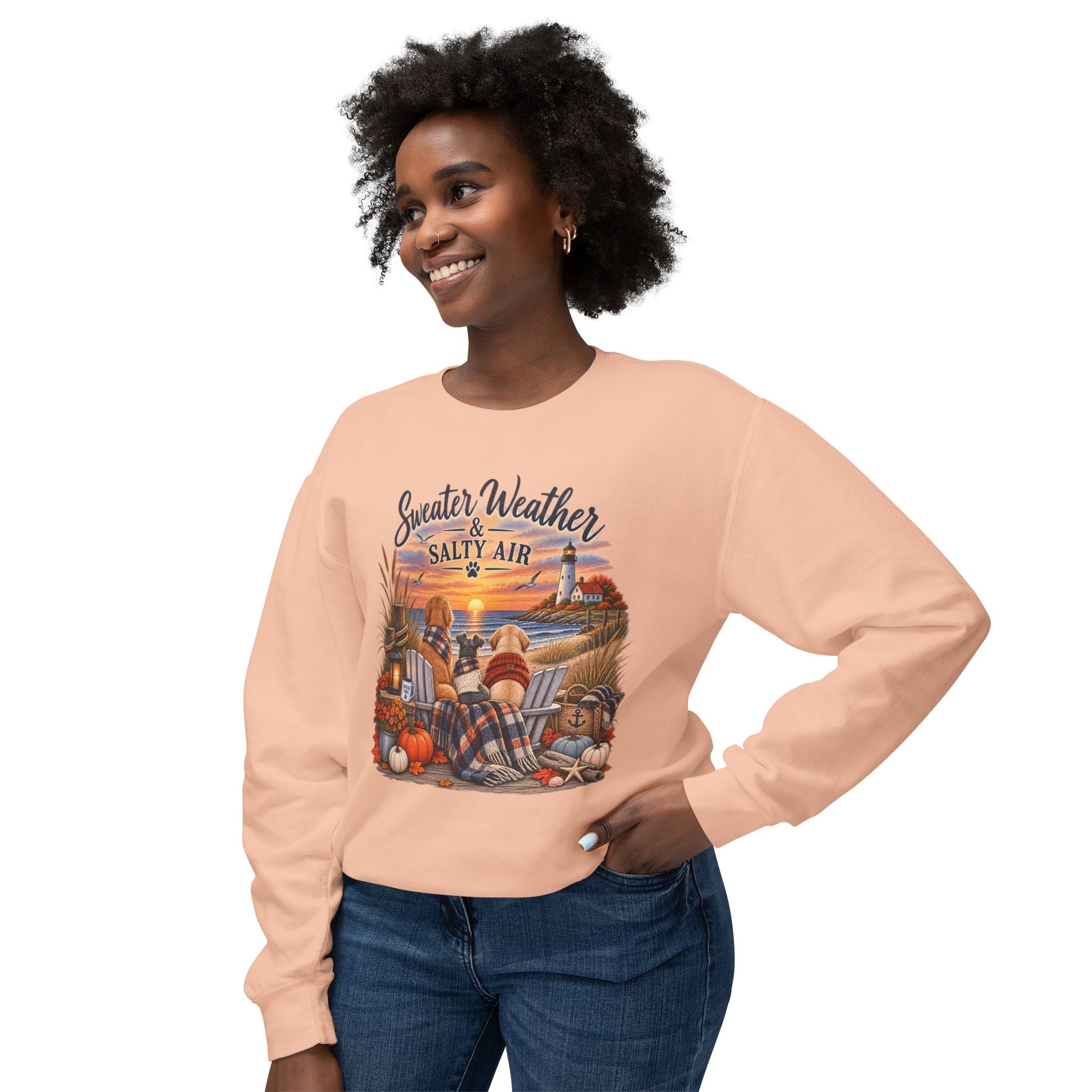 Sweater Weather & Salty Air Crewneck Sweatshirt — Coastal Fall Sunset Design