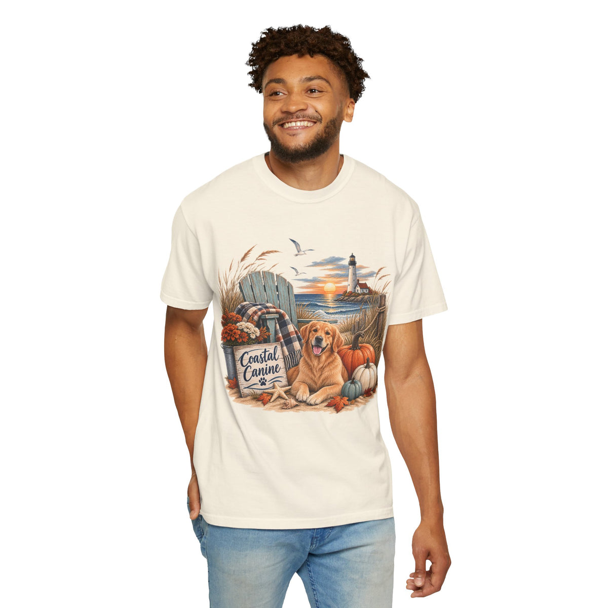 Coastal Canine Fall T-Shirt — Lighthouse, Labrador & Pumpkin Beach Tee