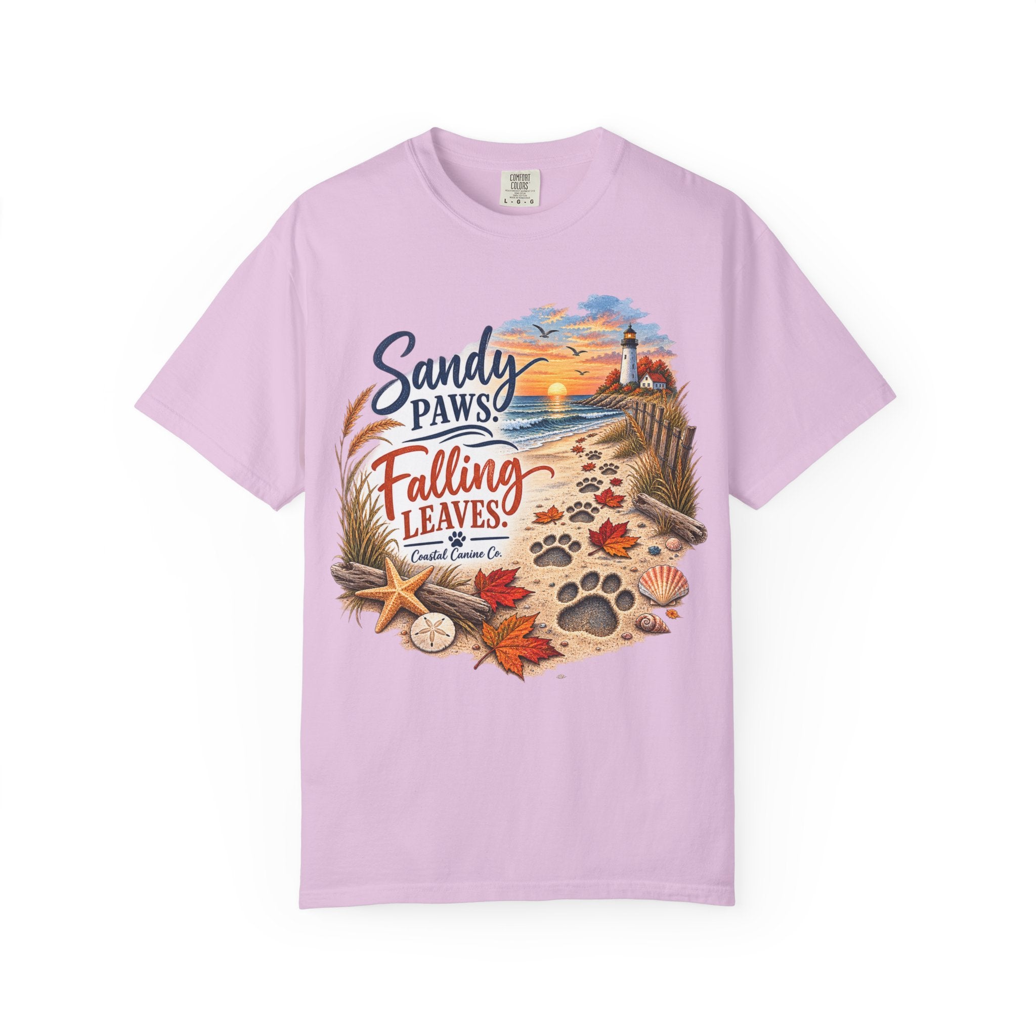 Sandy Paws Falling Leaves Beach T-Shirt — Autumn Coastal Dog Lover Tee