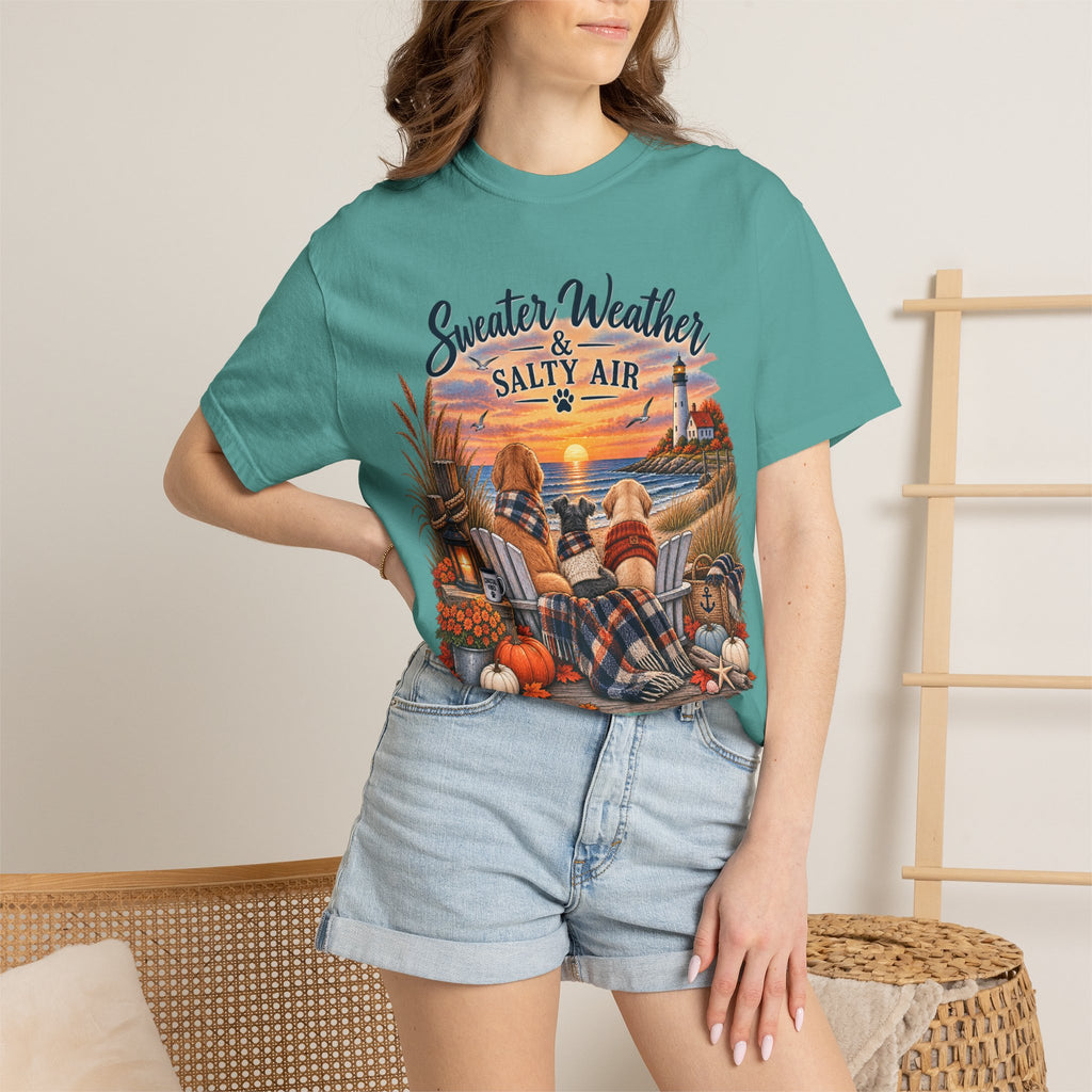 Sweater Weather & Salty Air T-Shirt — Autumn Beach Sunset Graphic Tee