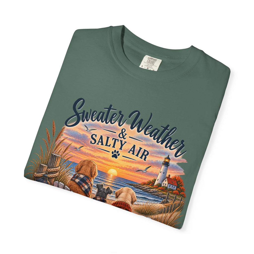 Sweater Weather & Salty Air T-Shirt — Autumn Beach Sunset Graphic Tee
