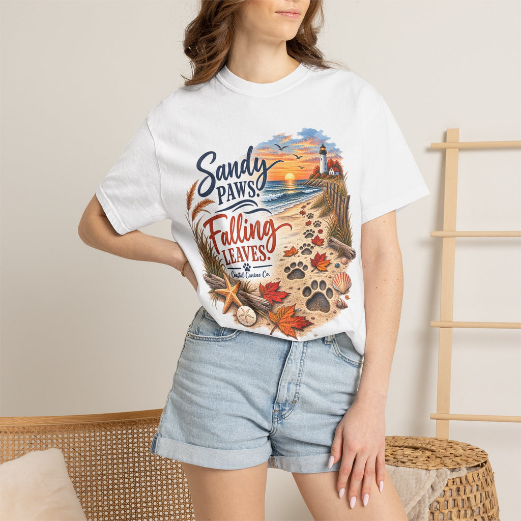 Sandy Paws Falling Leaves Beach T-Shirt — Autumn Coastal Dog Lover Tee