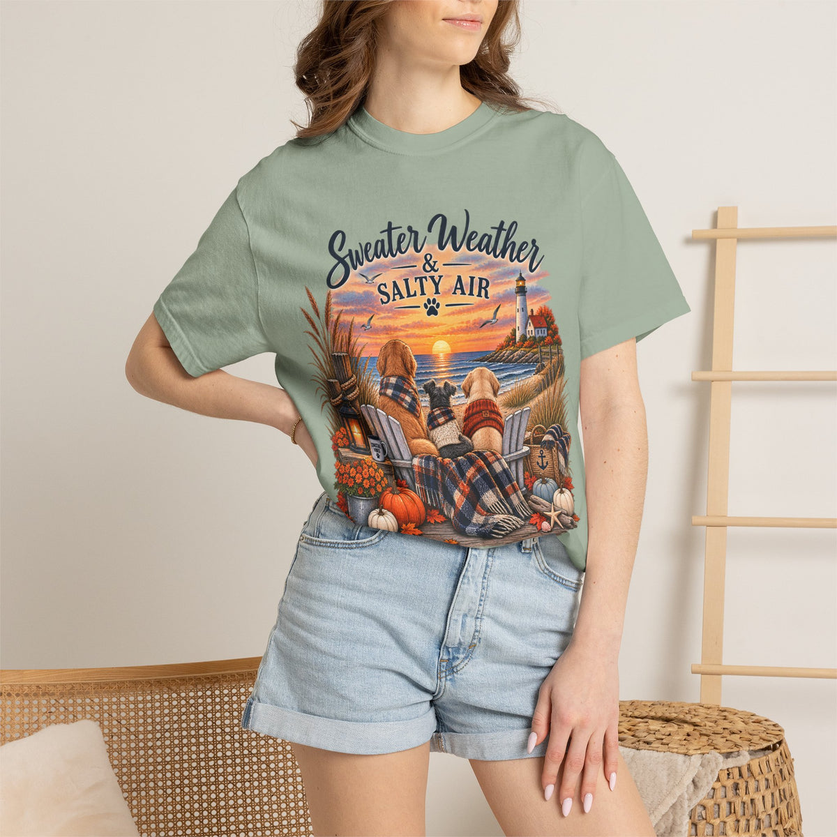 Sweater Weather & Salty Air T-Shirt — Autumn Beach Sunset Graphic Tee