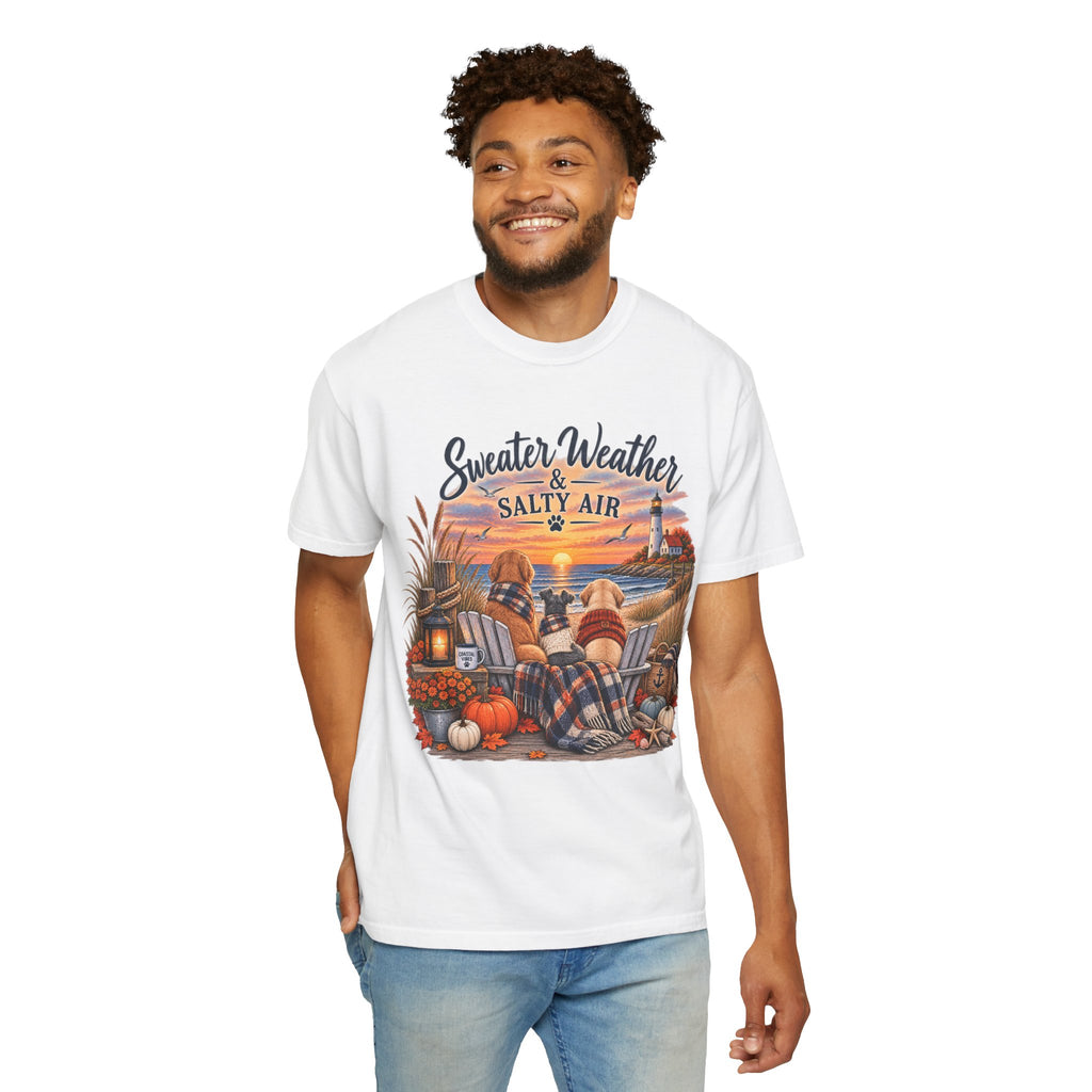 Sweater Weather & Salty Air T-Shirt — Autumn Beach Sunset Graphic Tee