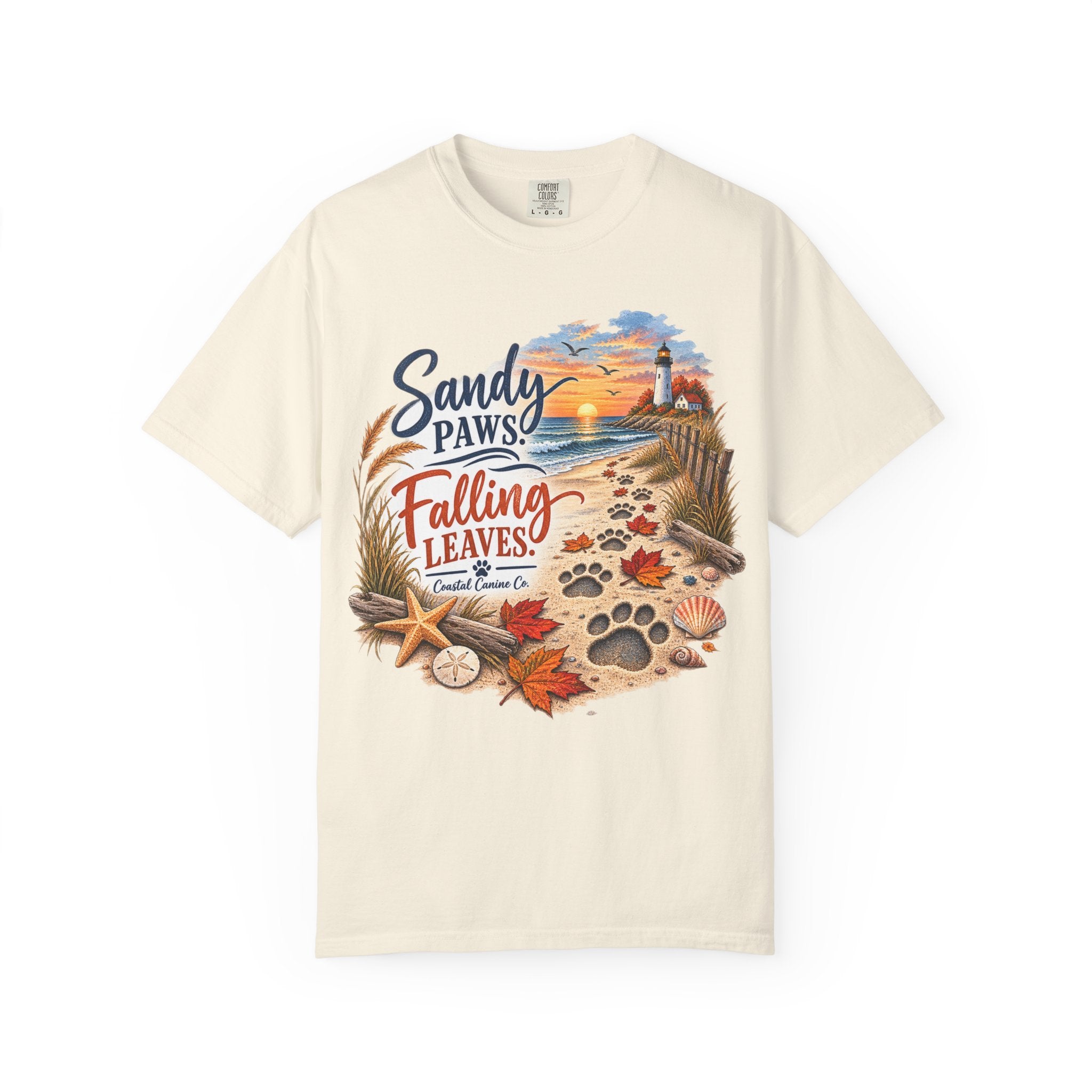 Sandy Paws Falling Leaves Beach T-Shirt — Autumn Coastal Dog Lover Tee