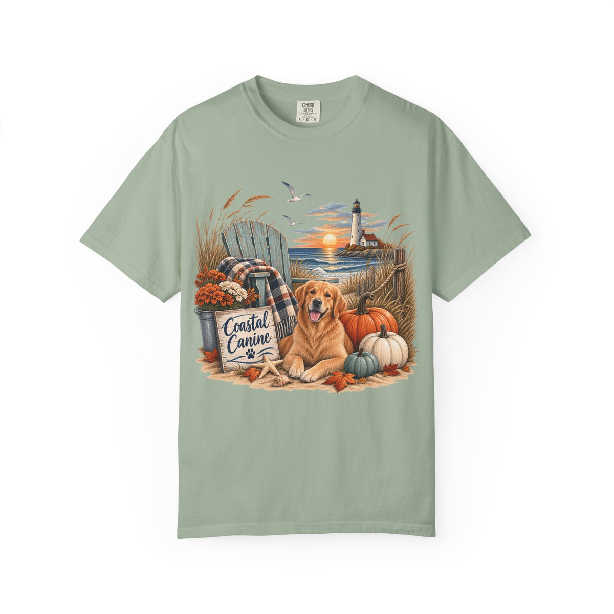 Coastal Canine Fall T-Shirt — Lighthouse, Labrador & Pumpkin Beach Tee