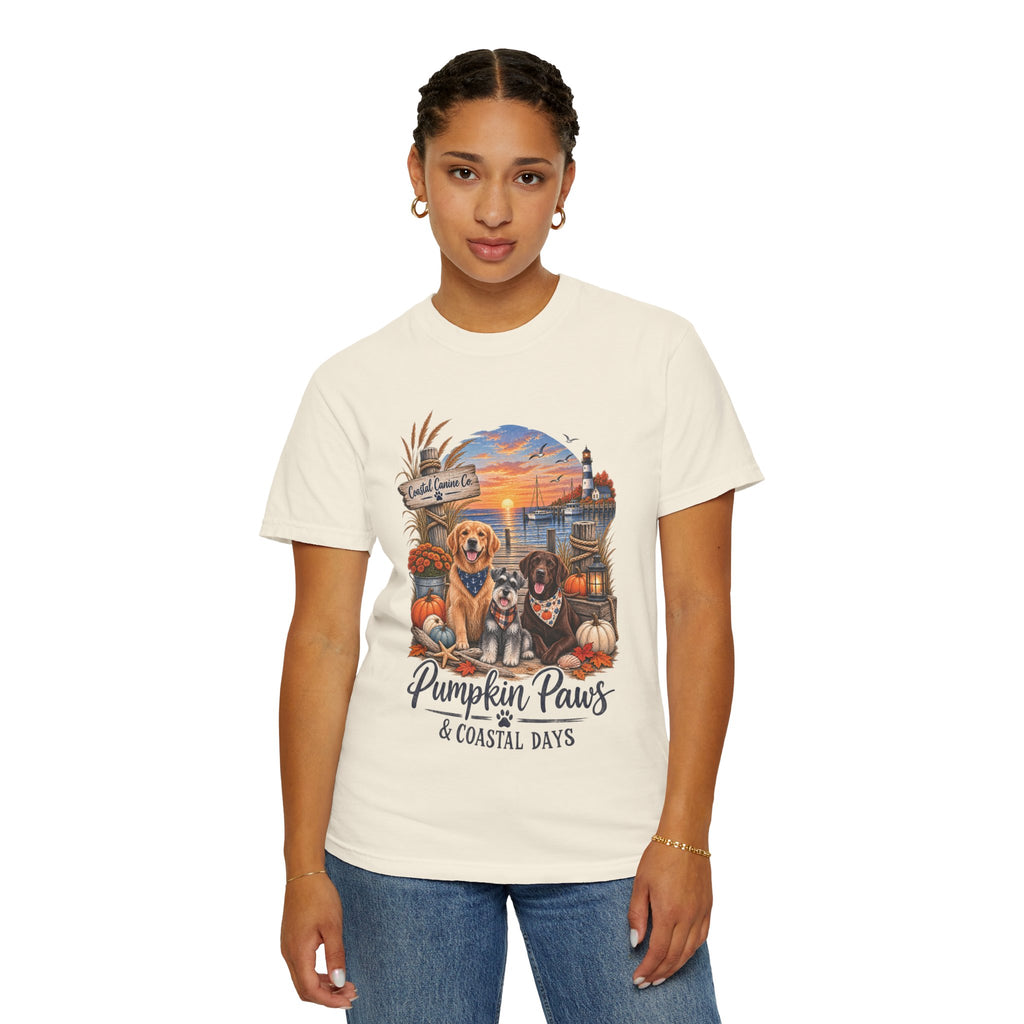 Pumpkin Paws & Coastal Days T-Shirt — Autumn Dogs by the Harbor