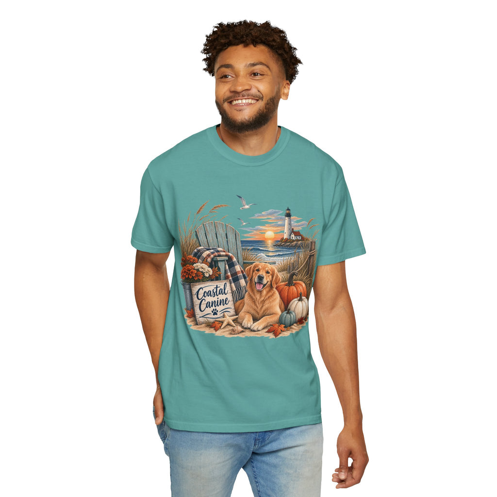Coastal Canine Fall T-Shirt — Lighthouse, Labrador & Pumpkin Beach Tee