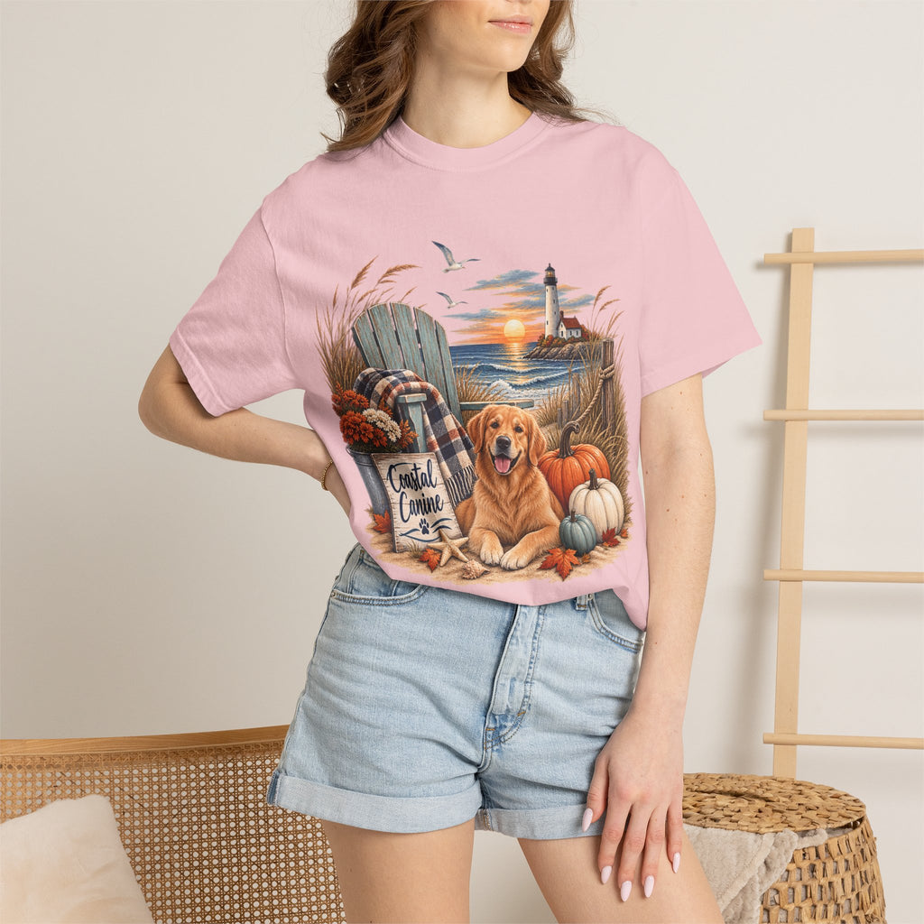 Coastal Canine Fall T-Shirt — Lighthouse, Labrador & Pumpkin Beach Tee