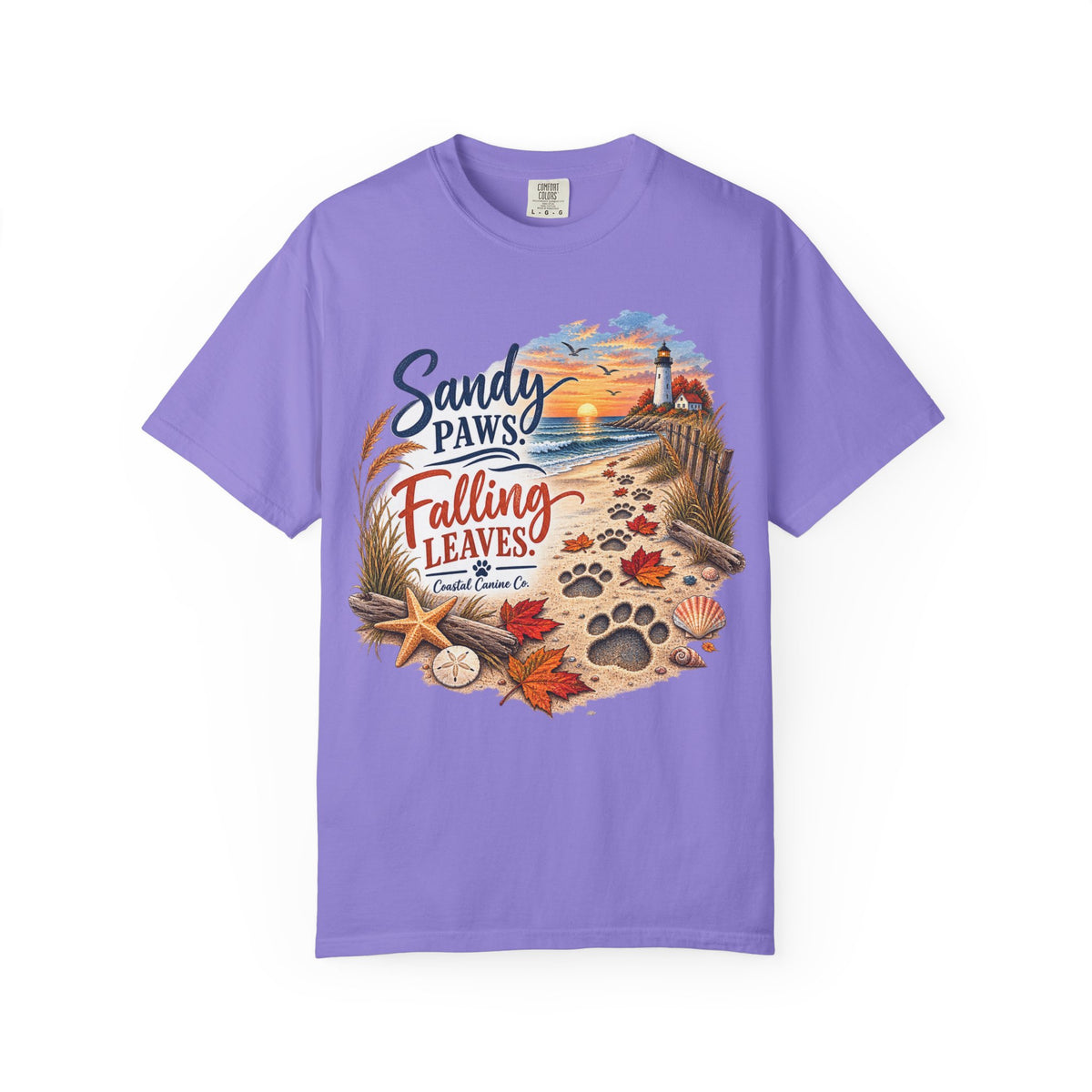 Sandy Paws Falling Leaves Beach T-Shirt — Autumn Coastal Dog Lover Tee