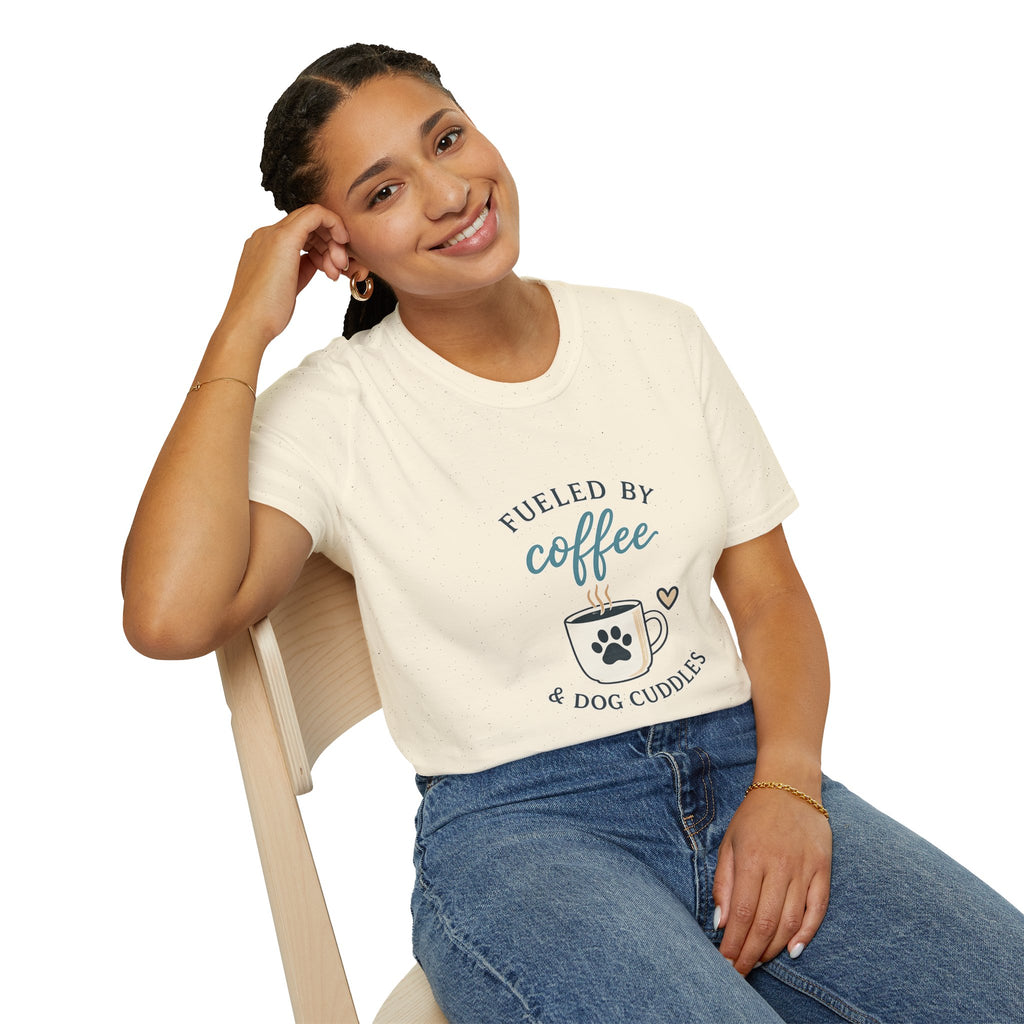 Fueled by Coffee & Dog Cuddles T-Shirt — Cute Coffee Lover Tee for Dog Moms