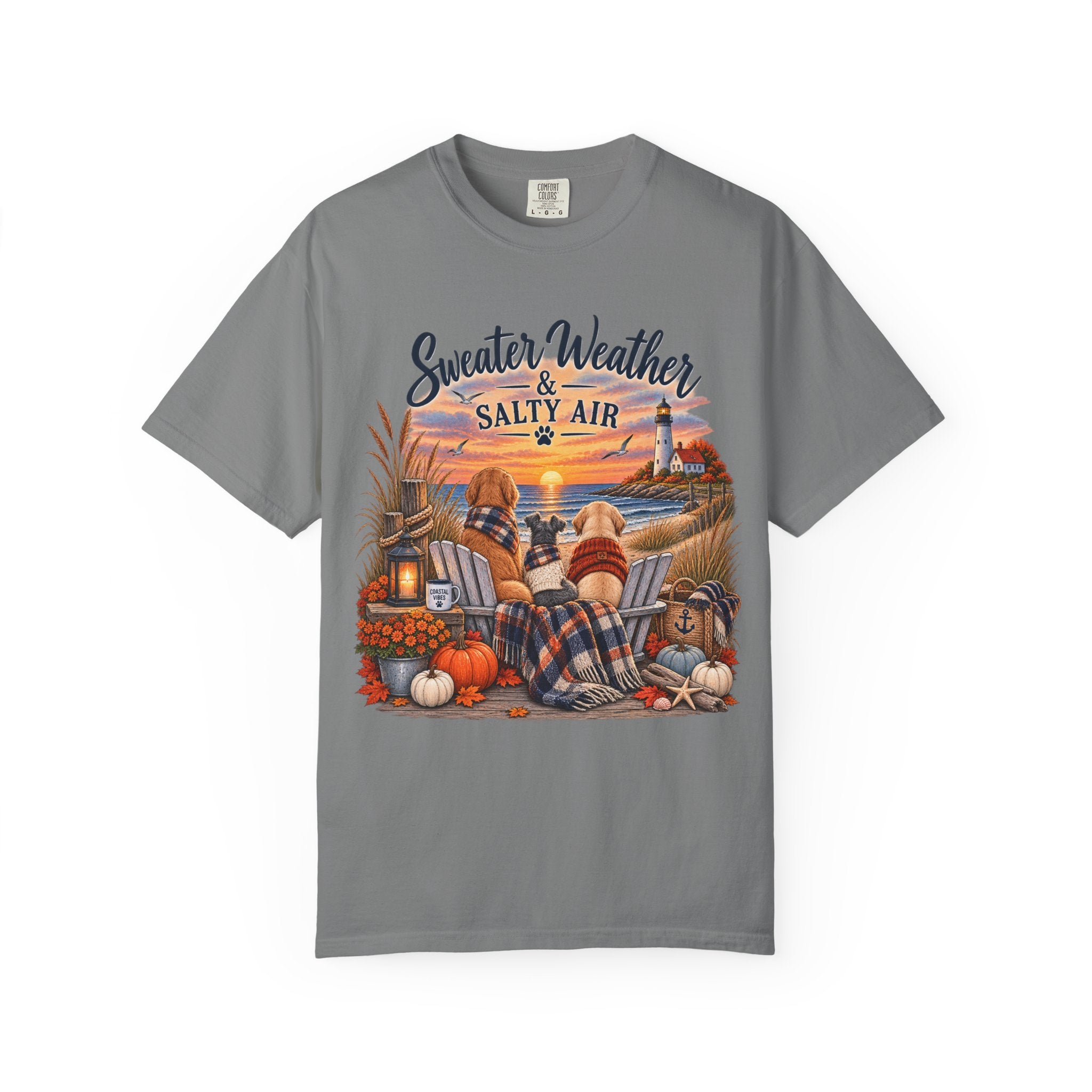 Sweater Weather & Salty Air T-Shirt — Autumn Beach Sunset Graphic Tee