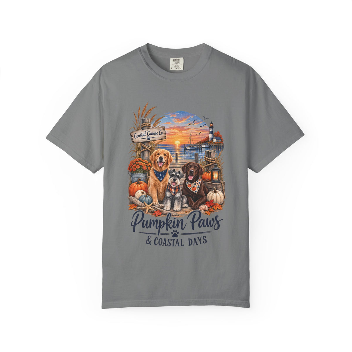 Pumpkin Paws & Coastal Days T-Shirt — Autumn Dogs by the Harbor