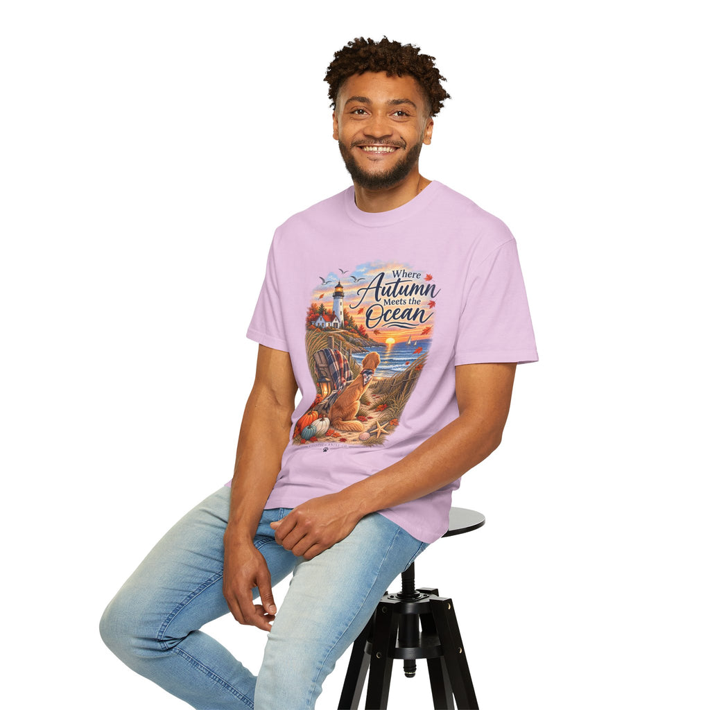 Autumn Meets the Ocean T-Shirt — Cozy Coastal Fall Tee with Golden Retriever