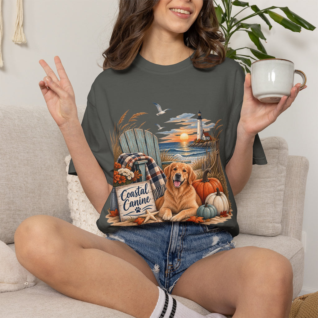 Coastal Canine Fall T-Shirt — Lighthouse, Labrador & Pumpkin Beach Tee