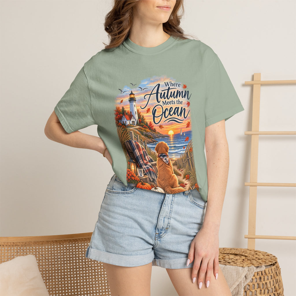 Autumn Meets the Ocean T-Shirt — Cozy Coastal Fall Tee with Golden Retriever