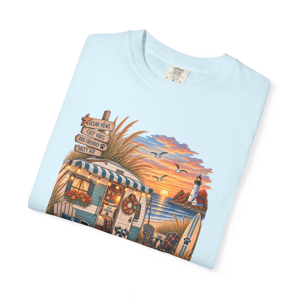 Campfires, Coastlines & Canines T-Shirt — Retro Camper Dog Camping Graphic Tee