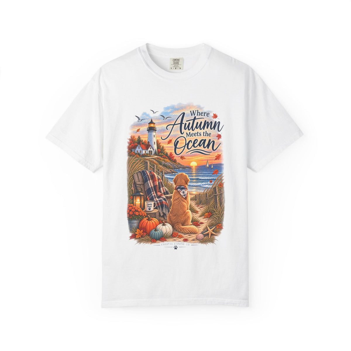 Autumn Meets the Ocean T-Shirt — Cozy Coastal Fall Tee with Golden Retriever