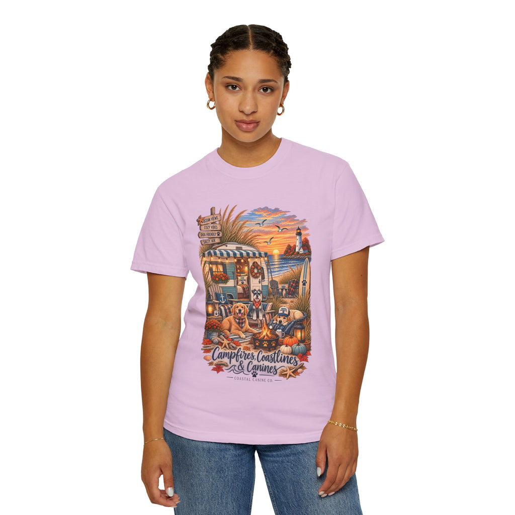Campfires, Coastlines & Canines T-Shirt — Retro Camper Dog Camping Graphic Tee