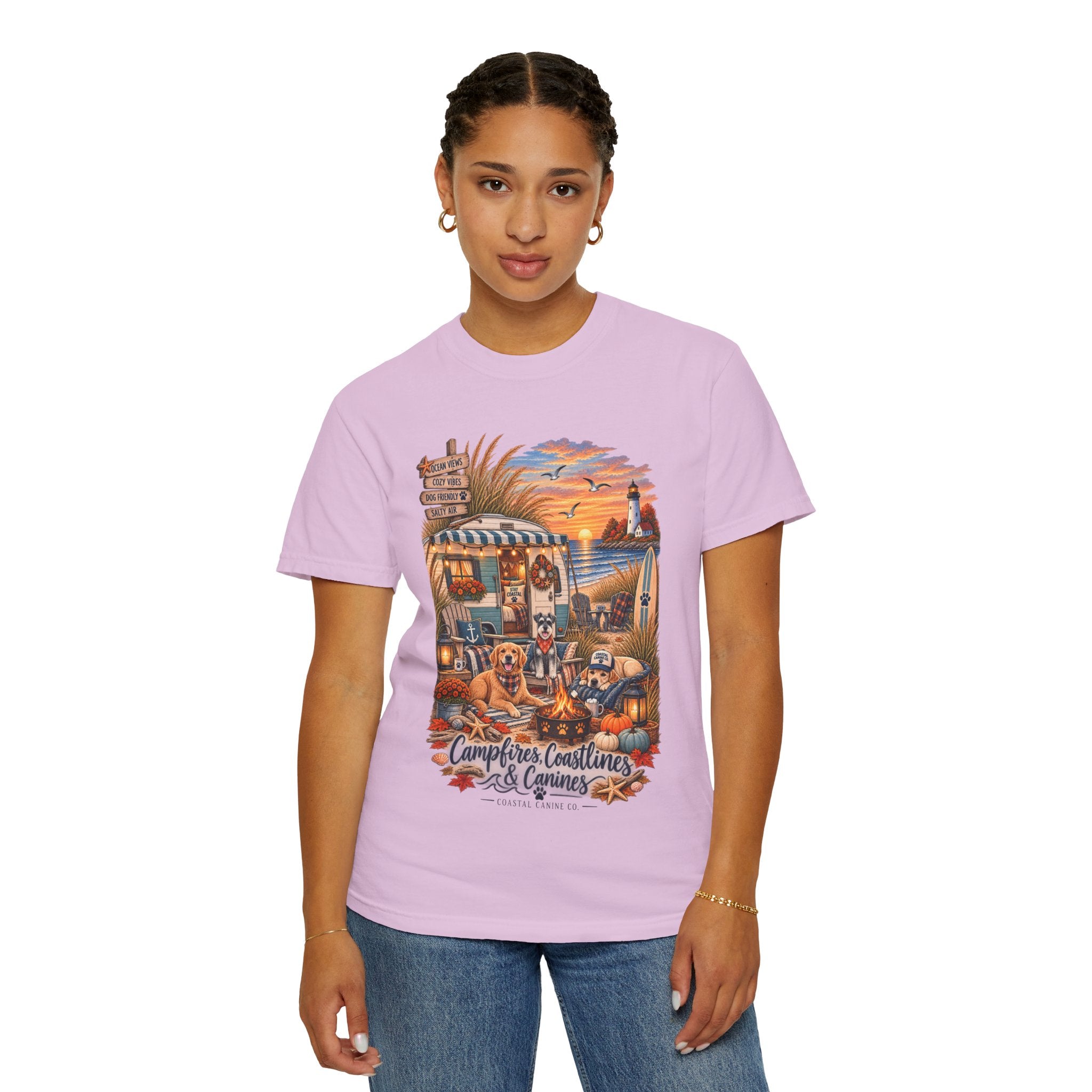 Campfires, Coastlines & Canines T-Shirt — Retro Camper Dog Camping Graphic Tee