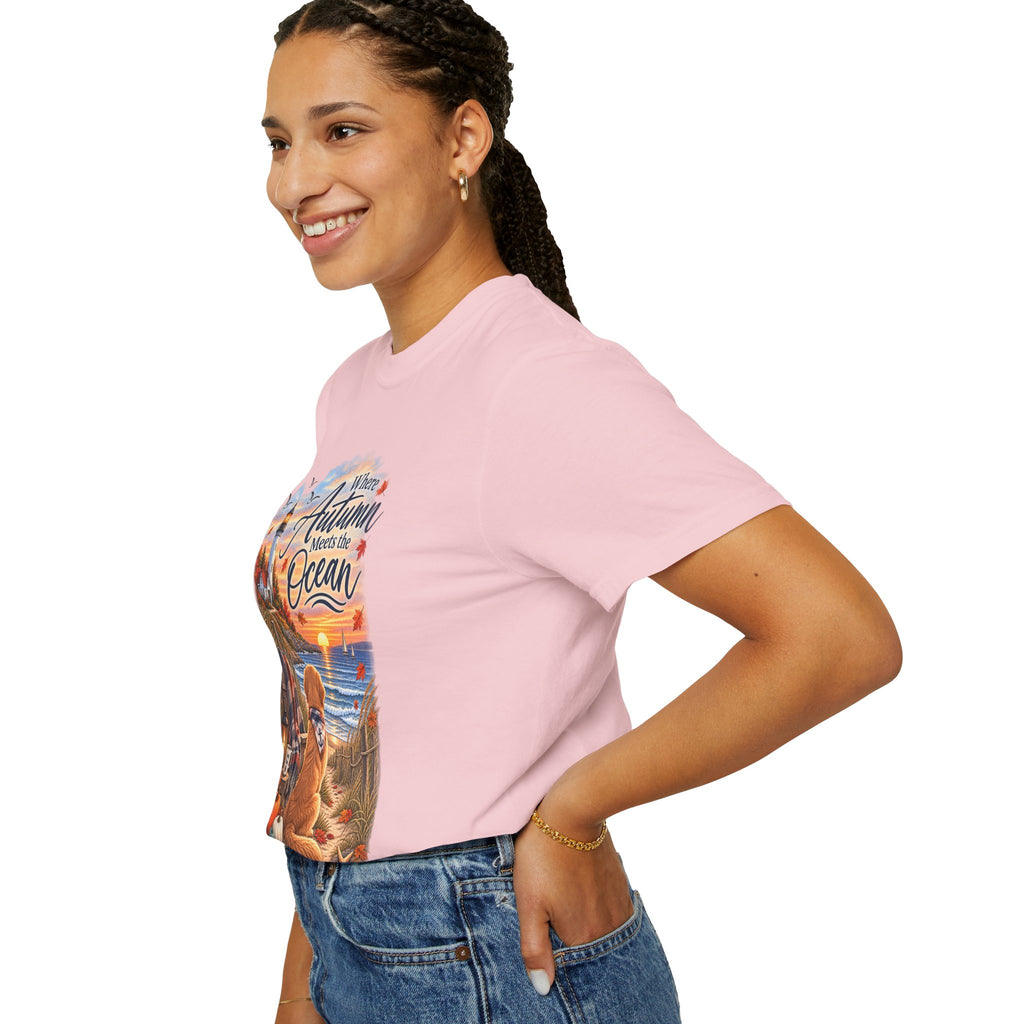 Autumn Meets the Ocean T-Shirt — Cozy Coastal Fall Tee with Golden Retriever
