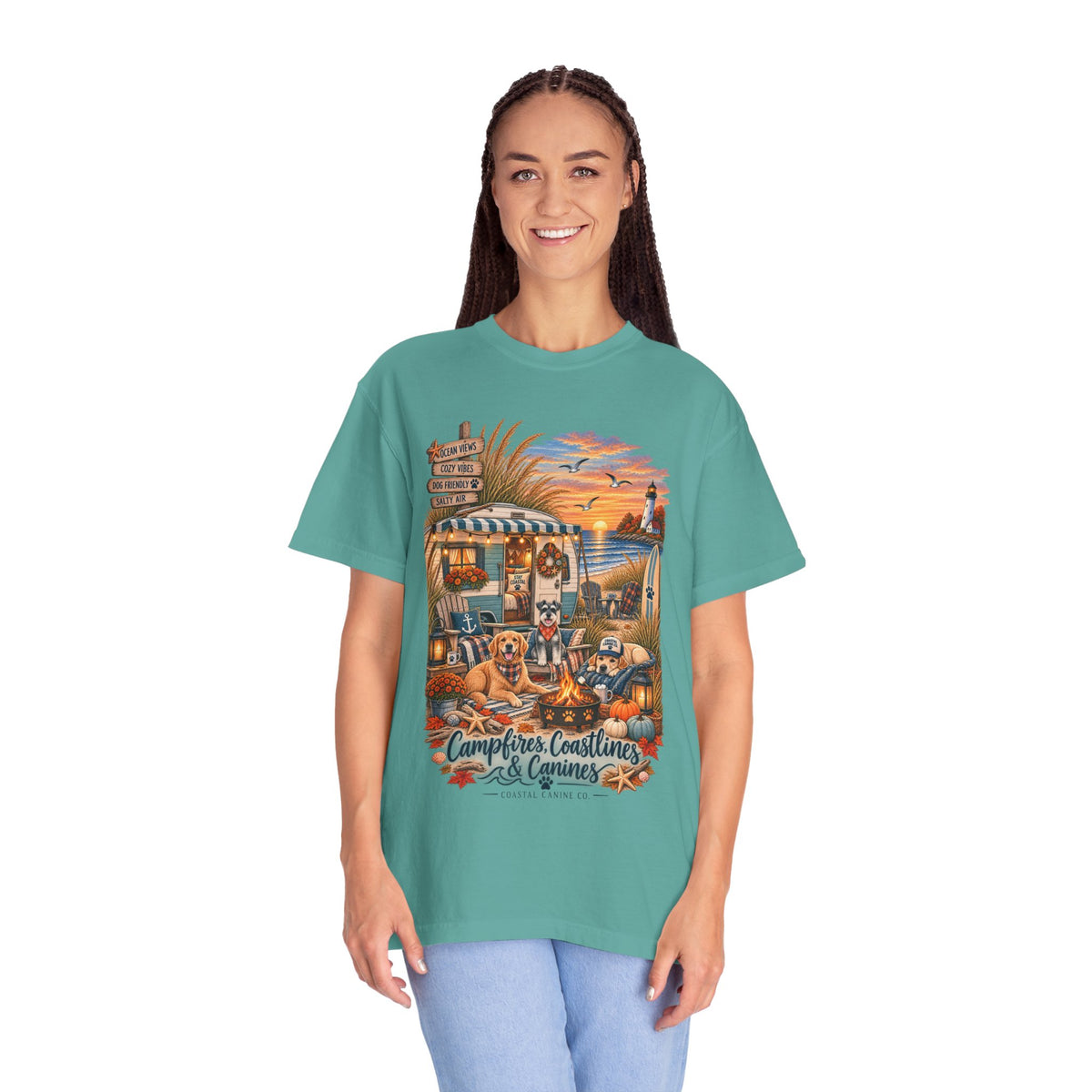 Campfires, Coastlines & Canines T-Shirt — Retro Camper Dog Camping Graphic Tee