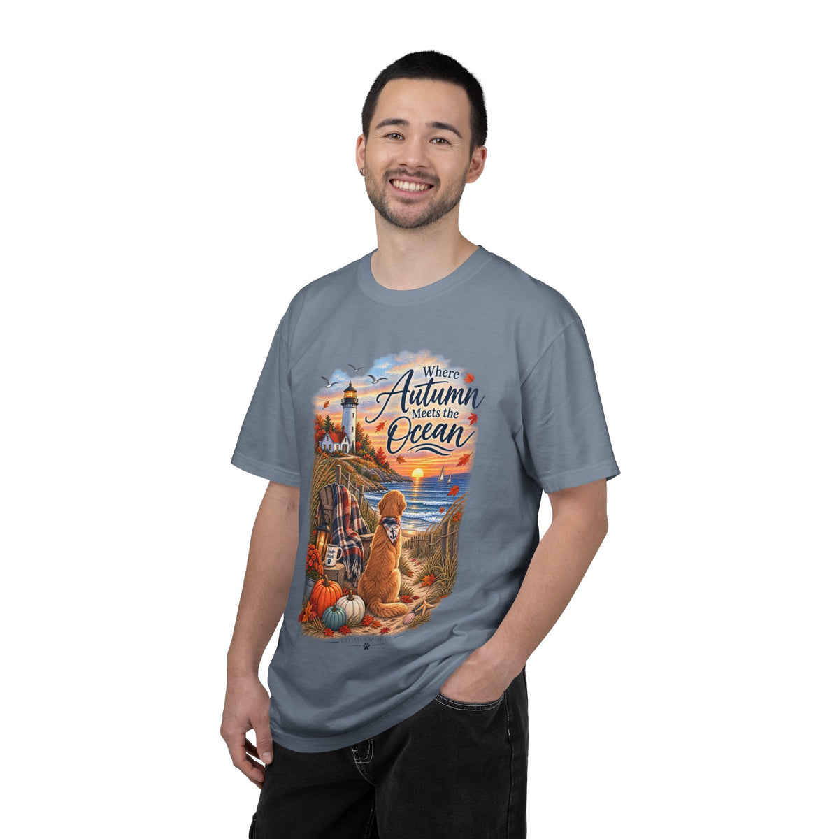 Autumn Meets the Ocean T-Shirt — Cozy Coastal Fall Tee with Golden Retriever
