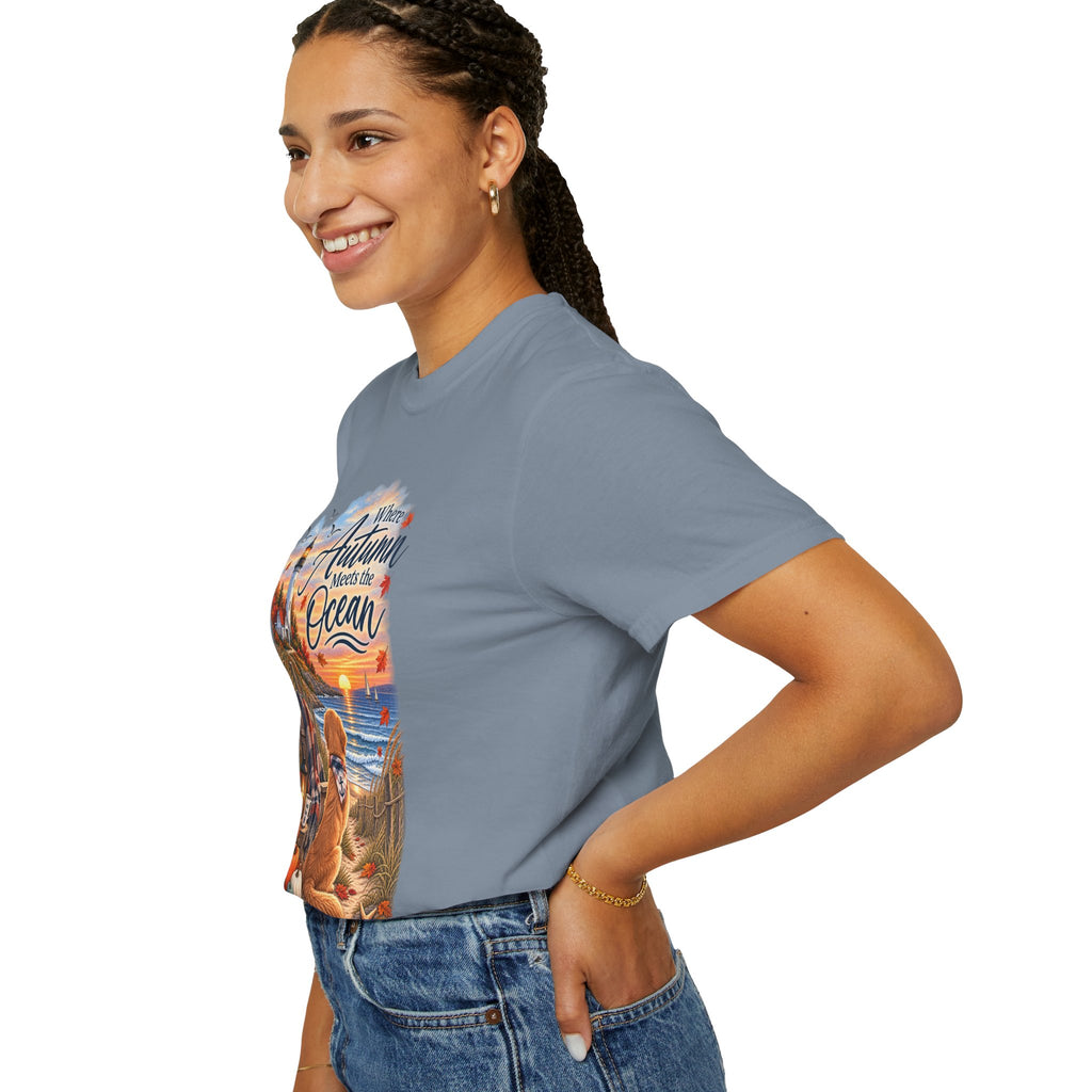 Autumn Meets the Ocean T-Shirt — Cozy Coastal Fall Tee with Golden Retriever