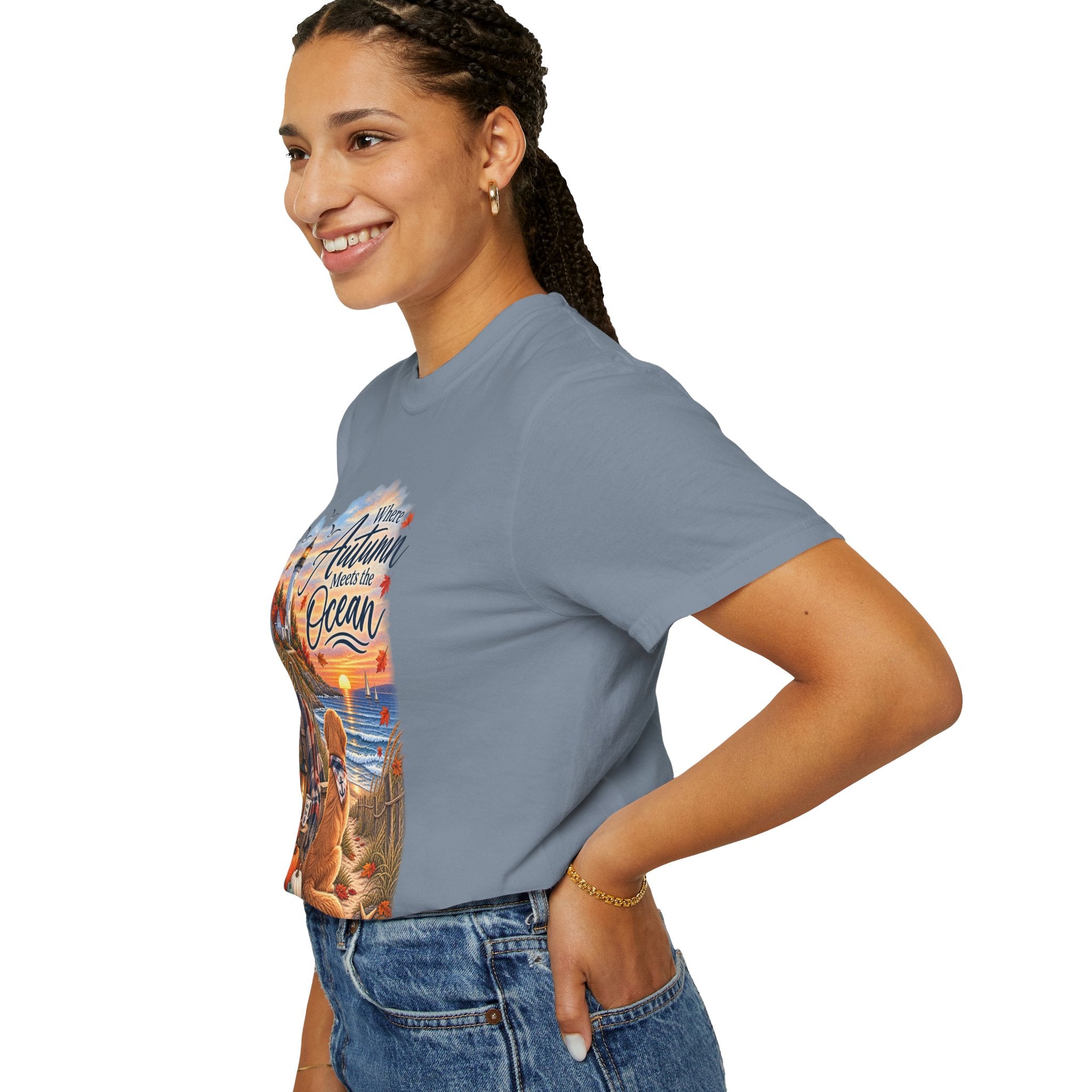 Autumn Meets the Ocean T-Shirt — Cozy Coastal Fall Tee with Golden Retriever