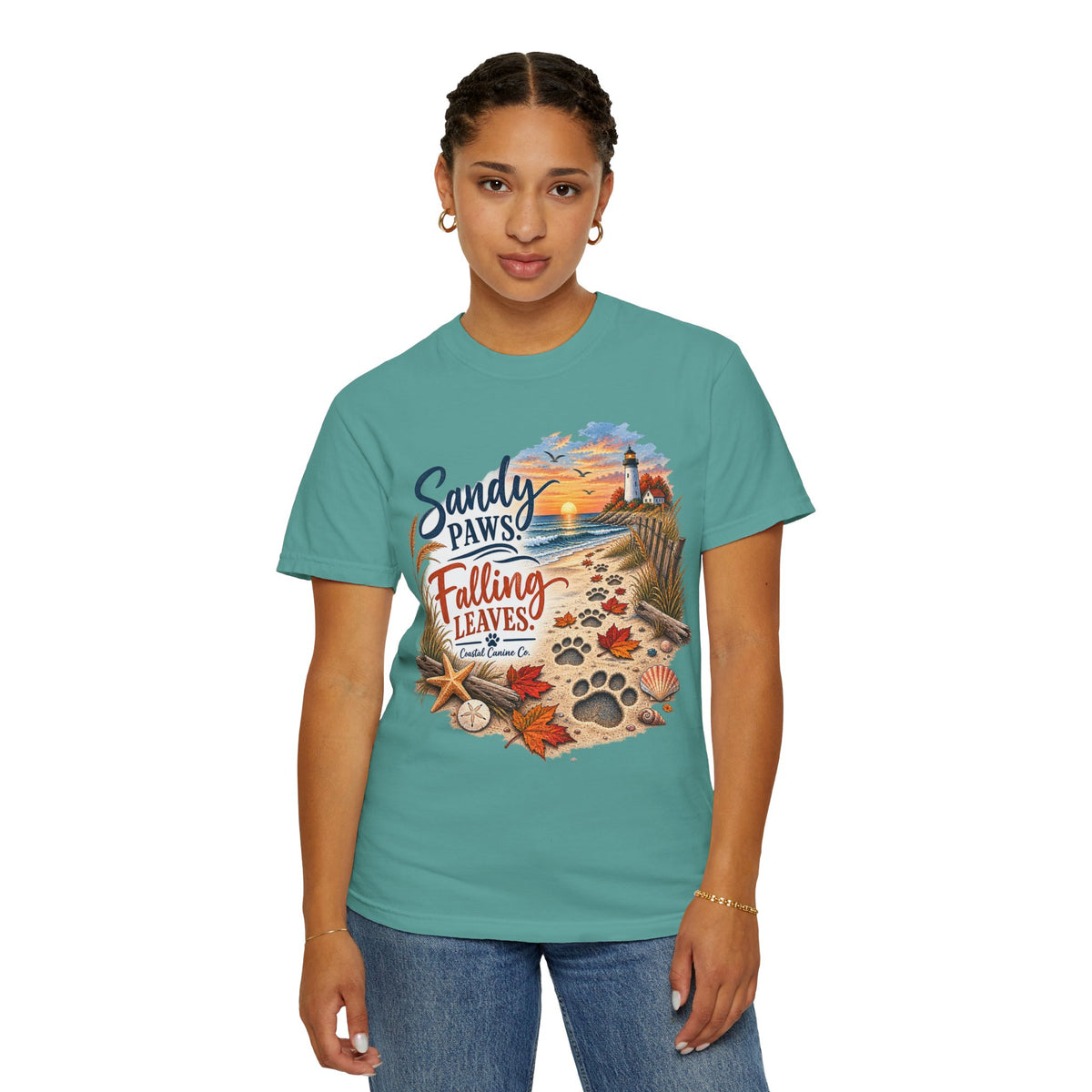 Sandy Paws Falling Leaves Beach T-Shirt — Autumn Coastal Dog Lover Tee
