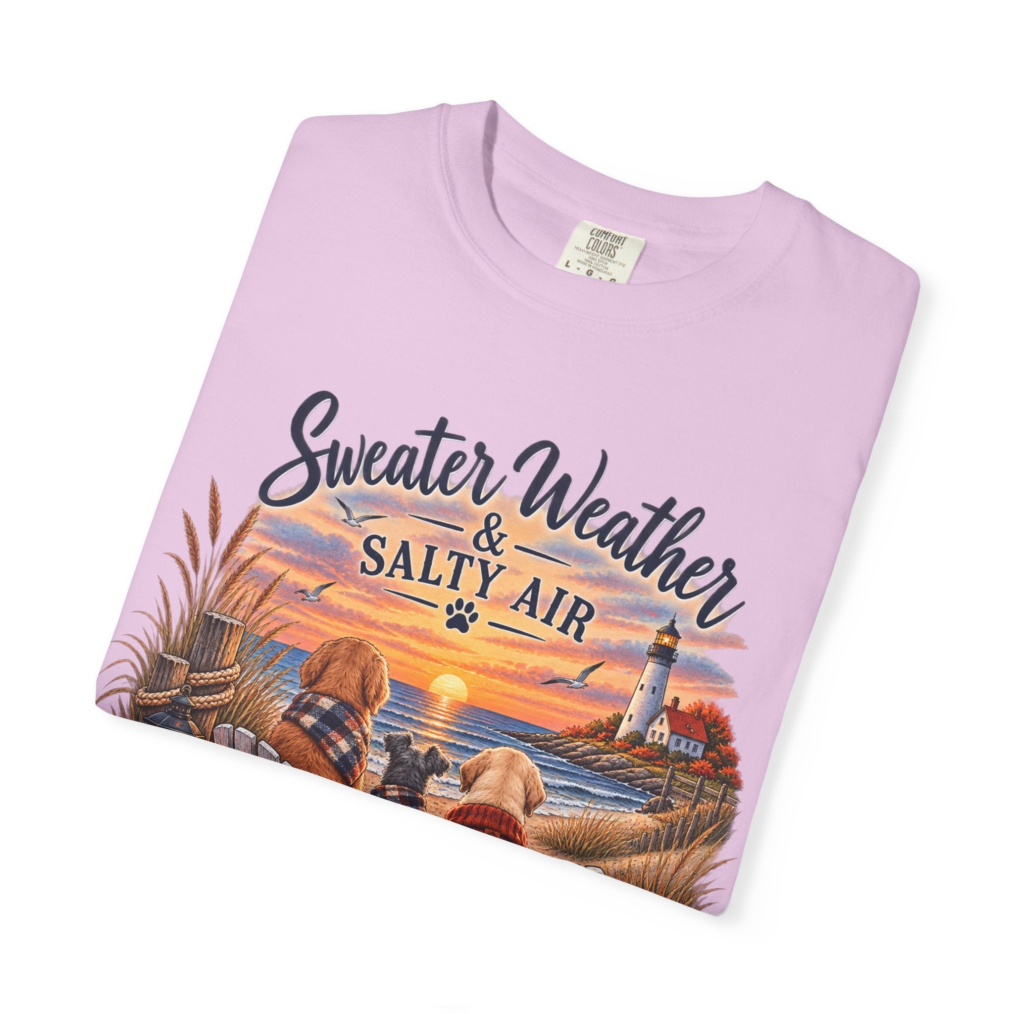 Sweater Weather & Salty Air T-Shirt — Autumn Beach Sunset Graphic Tee