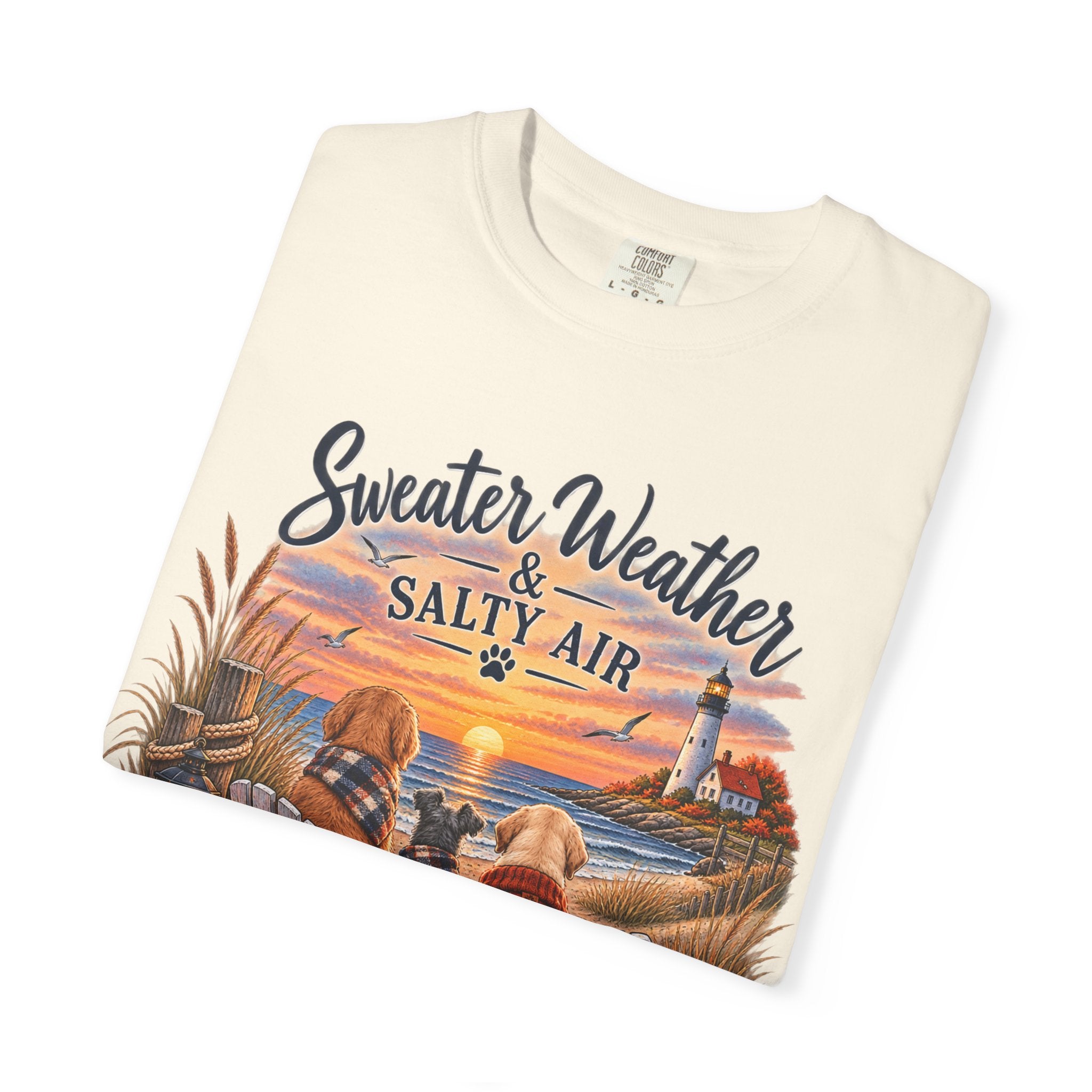 Sweater Weather & Salty Air T-Shirt — Autumn Beach Sunset Graphic Tee
