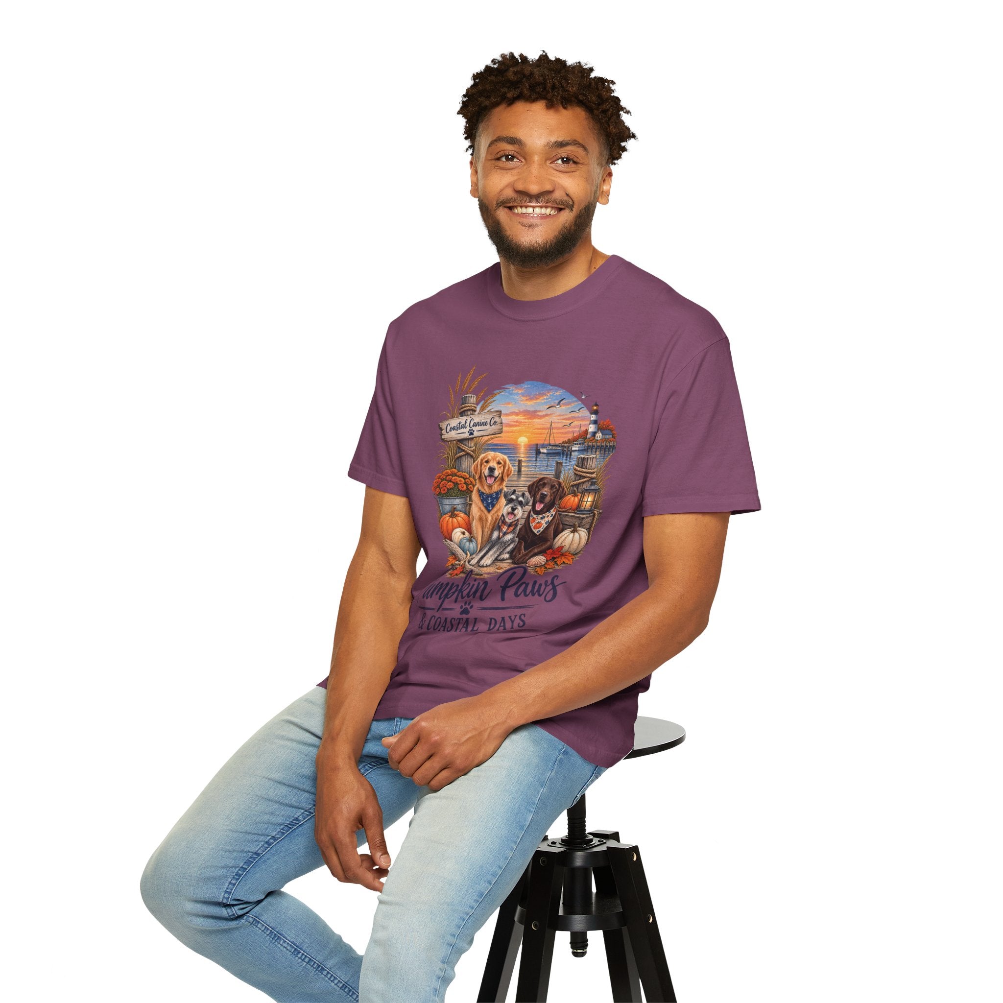 Pumpkin Paws & Coastal Days T-Shirt — Autumn Dogs by the Harbor
