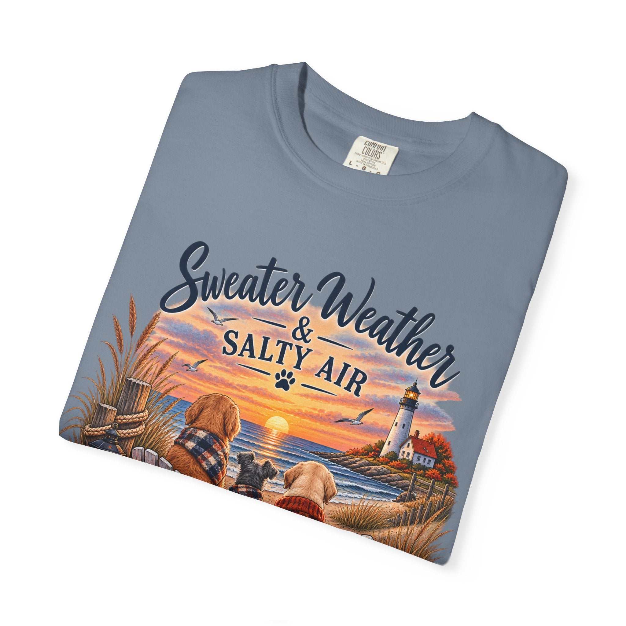 Sweater Weather & Salty Air T-Shirt — Autumn Beach Sunset Graphic Tee