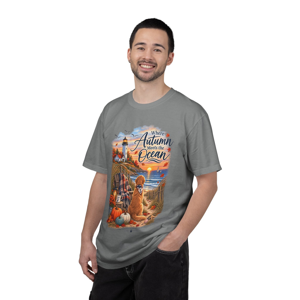 Autumn Meets the Ocean T-Shirt — Cozy Coastal Fall Tee with Golden Retriever